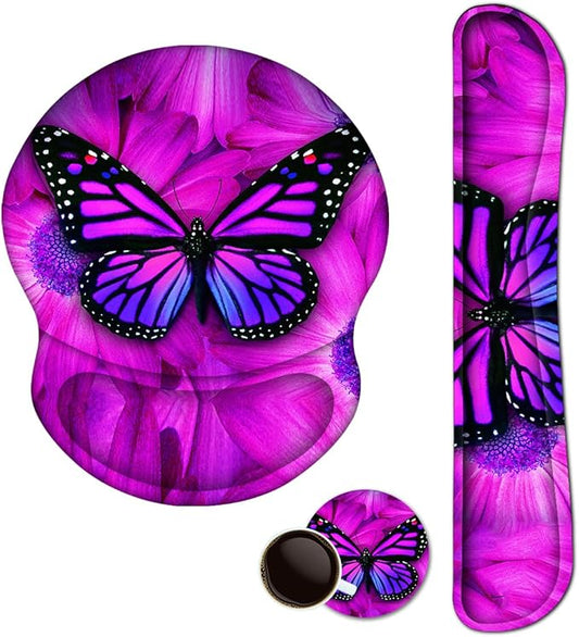 ARTSO Ergonomic Mouse Pad with Wrist Rest, Comfortable Keyboard Wrist Rest, Memory Foam Mousepad for Computer Keyboard, Mouse Pad Set for Easy Typing, Pain Relief, Purple Butterfly