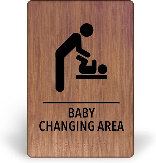 Promot Baby Changing Area Restroom Sign – ADA Braille Bathroom Sign for Business, Self-Adhesive, 9" x 6", Commercial Door Signage, Office Wall Decor - Chestnut