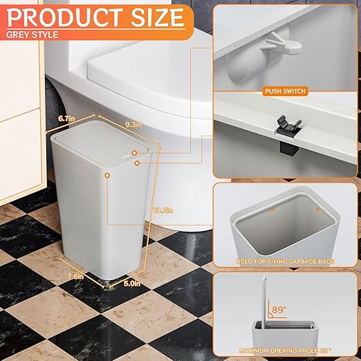 12L Covered Bathroom Trash Can,Office Trash Cans for Near Desk,Slim Bedroom Cute Small Trash Can,3.17 Gallon Plastic Pet/Dog Proof Bathroom Garbage Can,Thin Waste Basket for Room,Kitchen Trashcan,Gray
