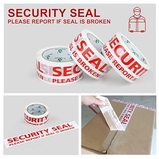 BOMEI PACK Security Seal Tape, Please Report if Seal is Broken Printing Packing Tape with Dispenser, 2.4mil 2inch x 60yds, 6Rolls Heavy Duty Fragile Tape Refills for Shipping, Moving and Sealing