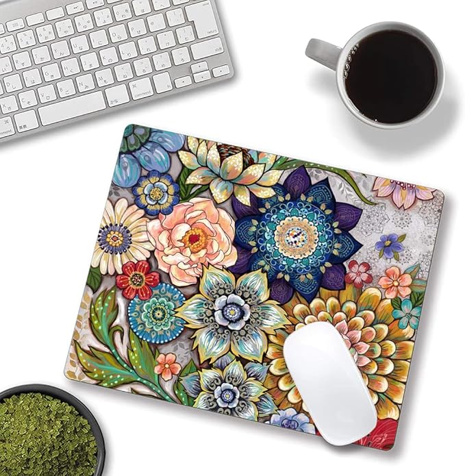Mouse Pad, Abstract Floral Mouse Pad, Premium-Textured Computer Mouse Mat Square Waterproof Non-Slip Rubber Base Mousepad, Boho Flowers