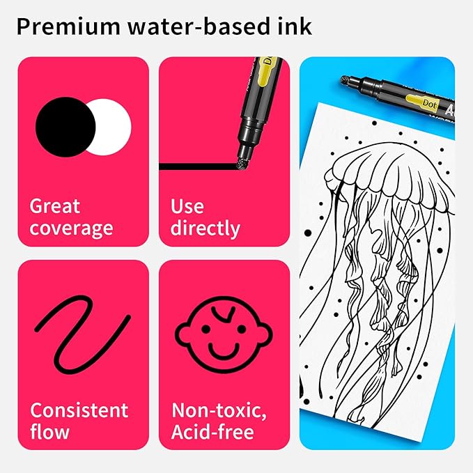 NAWOD 6 Black Acrylic Paint Pens, Acrylic Paint Markers Dual Tip (Fine 1mm + Dot 5mm), Acrylic Permanent Markers for Rock, Fabric, Canvas, Ceramic, Glass, Wood, Paper, Labeling, Drawing, DIY Crafts