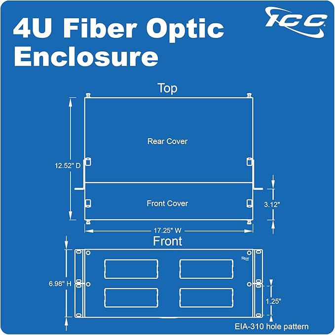 ICC 4U Fiber Optic Rack Mount Enclosure - 12 Slots for LGX Compatible Adapter Panels or Cassettes, Supports up to 288 Fibers, Fits 19-Inch Racks, Secure Fiber Management Solution, ICFORET4RM