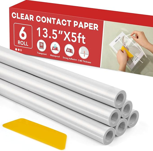 6 Rolls Clear Contact Paper, Plastic Book Covers 13.5 in x 5 ft, Contact Paper peel and stick, Clear Self Adhesive Protective Liner Papers Protector for Crafts Paperback Textbook Hard Covers Documents