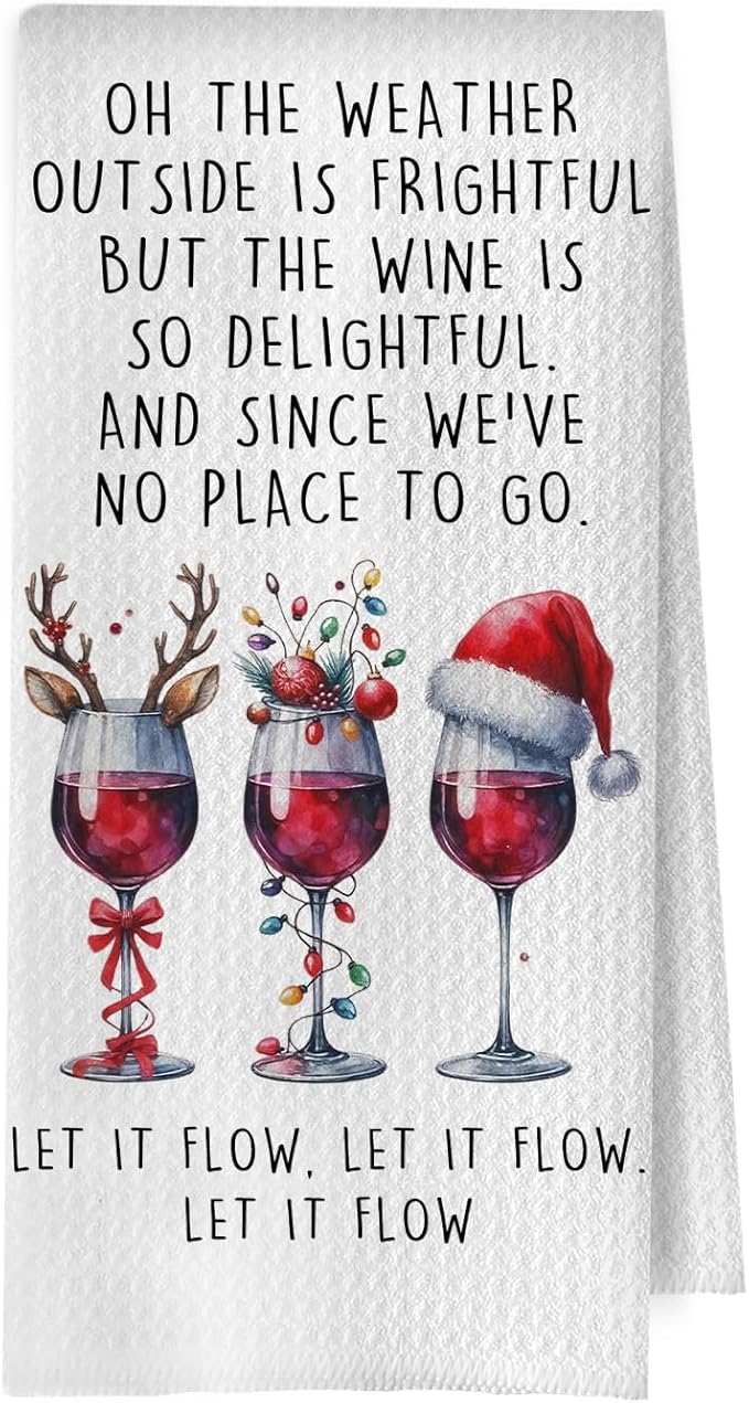 Christmas Wine Kitchen Towels - Christmas Bar Decor, Wine Lovers Decorative Waffle Dish Towels, Bartender Gifts for Women Hand Tea Towel, 16x24 Inches