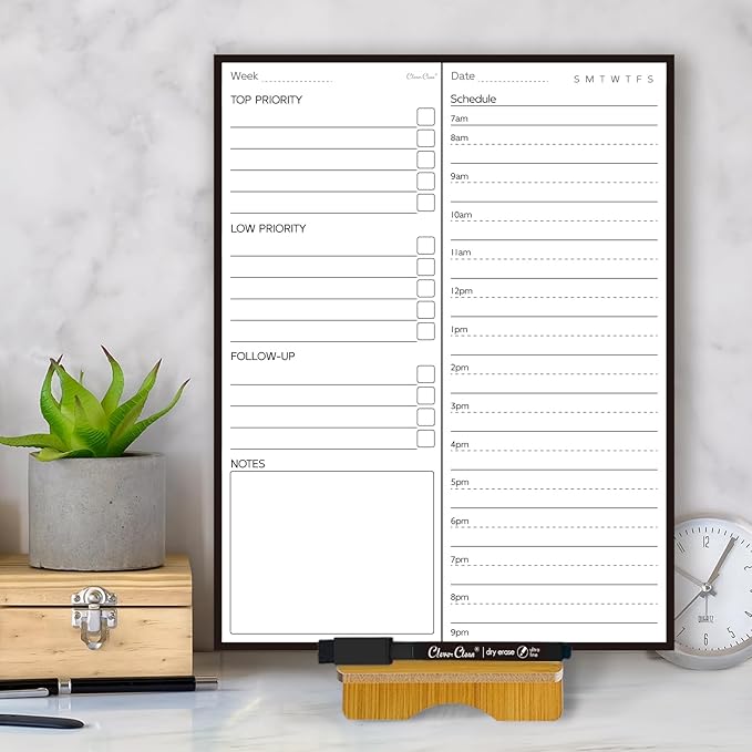 Dry Erase Desk Planning Board - Reusable Desktop Weekly Planning Board, Daily Schedule with Time Slots - 11"x8.5" Tabletop Dry Erase Board with Stand - Marker Included