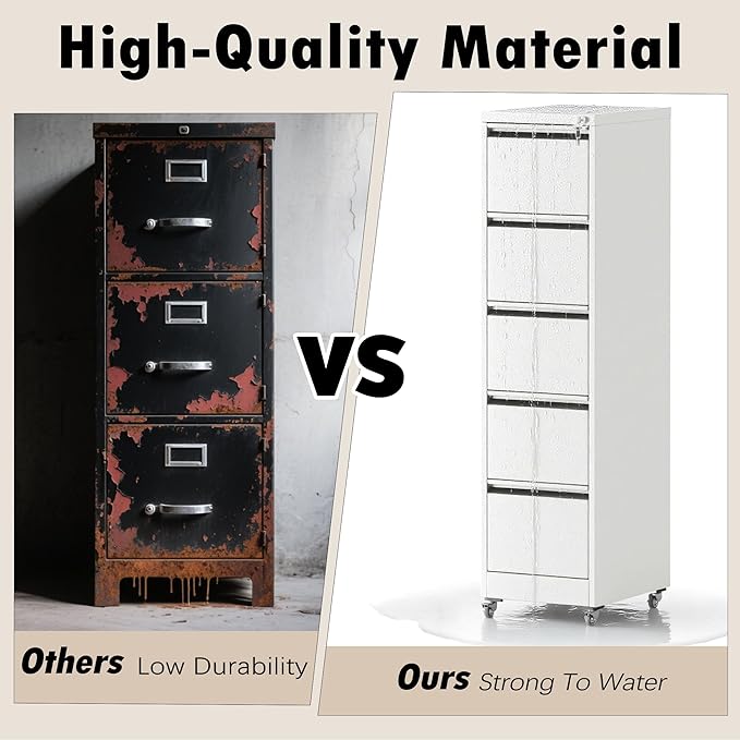 5 Drawers Filing Cabient with Wheel, File Cabinet with Lock, Steel Vertical Filing Storage Cabinet for Office, Heavy-Duty File Cabinets for Letters/Legal/A4 (Require Assembly, White)