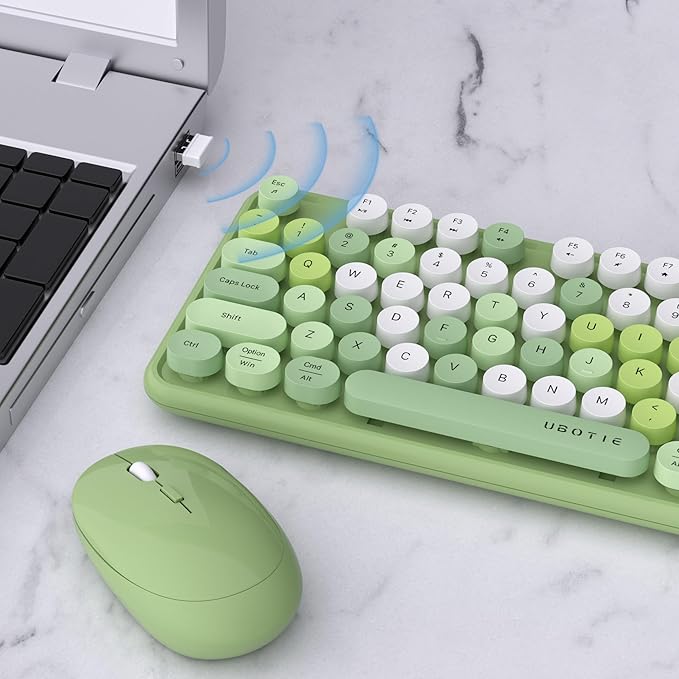UBOTIE Colorful Computer Wireless Keyboards Mouse Combos, Typewriter Flexible Keys Office Full-Sized Keyboard, 2.4GHz Dropout-Free Connection and Optical Mouse (Green-Colorful)