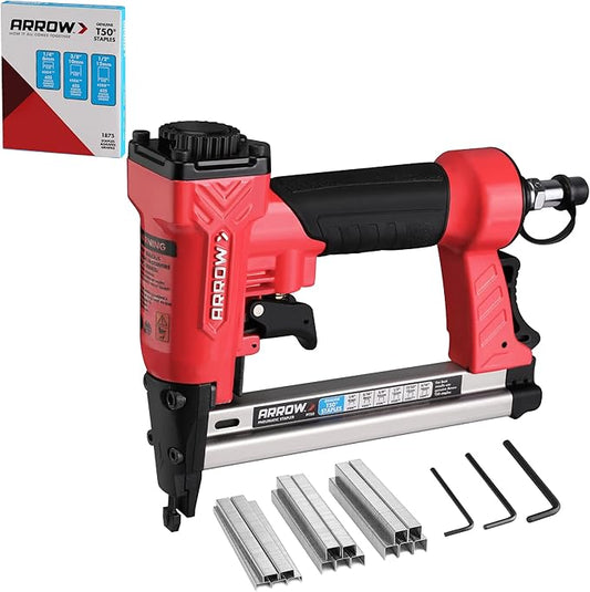 Arrow Pneumatic Staple Gun, Oil-Free Upholstery Stapler with 3750 Pieces T50 1/4", 3/8", 1/2" Staples, Adjustable Exhaust, for Woodworking, Professional and DIY Projects, PT50