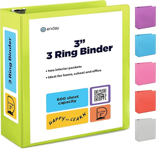 3 Inch Binder 3 Ring Binders Green, Slant D-Ring 3” Clear View Cover with 2 Inside Pockets, Heavy Duty Colored School Supplies Office and Home Binders – by Enday