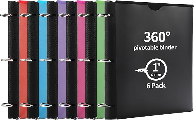 360° Pivotable 3 Ring Binder, Upgraded Foldable Binders 1 inch 6 Pack, Thin Small Three Ring Binder Fits 8.5" x 11", for Home, School and Office Binders Supplies - 6 Assorted Color