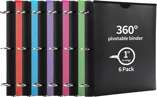 360° Pivotable 3 Ring Binder, Upgraded Foldable Binders 1 inch 6 Pack, Thin Small Three Ring Binder Fits 8.5" x 11", for Home, School and Office Binders Supplies - 6 Assorted Color