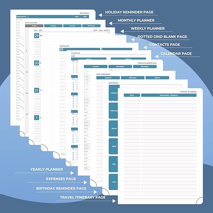 Planner 2026 Daily Weekly and Monthly,8.5"x6.5",12 Months Spiral Bound Calendar Agenda with Self-adhesive Pen Holder,2026 Appointment Book with Vegan Leather Soft Cover,Blue