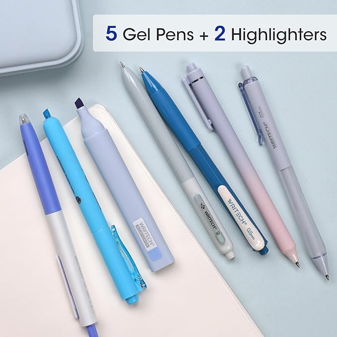WRITECH Gel Pens Journaling Highlighters: Journal Set Aesthetic Assorted Pastel Color Ink 0.5mm Fine Point Retractable 0.7mm Black Pen Smooth Writing Drawing No Bleed 7ct (Blue)