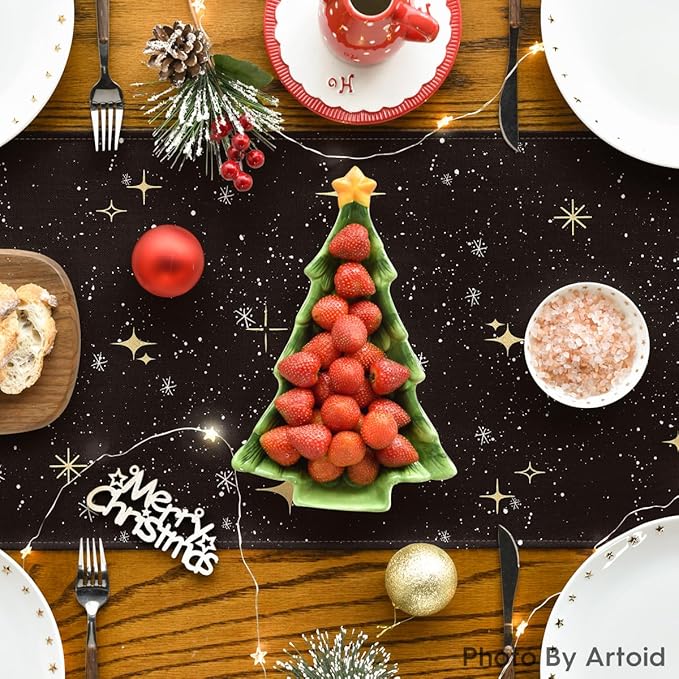 Artoid Mode Xmas Trees Black Merry Christmas Table Runner, Seasonal Winter Kitchen Dining Table Decoration for Home Party Decor 13x108 Inch