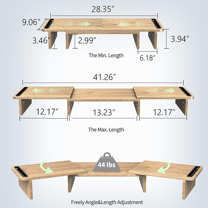 Zimilar Dual Monitor Stand Riser, Monitor Stand with Adjustable Length and Angle, Wood Monitor Stand for Desk, Monitor Riser for 2 Monitors with Storage Space