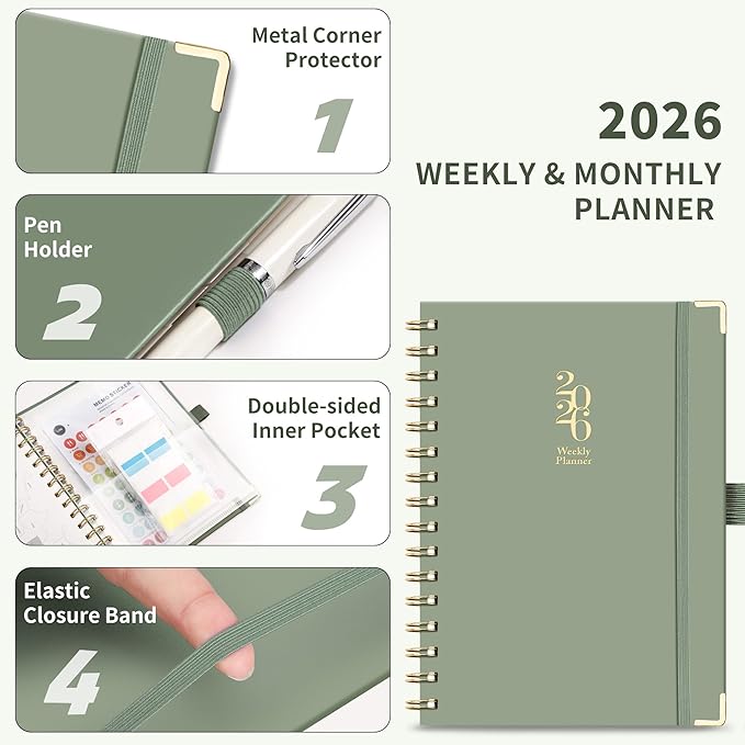 2026 Planner, Weekly and Monthly, A5 Size (5.7" x 8.3"), Jan 2026 - Dec 2026, Calendar, To-do List, Agenda, 12-Month Tabs, Hardcover, 100 GSM Thick Paper, Spiral-bound (Light Green)