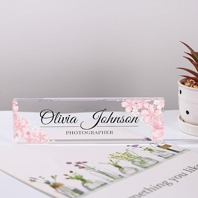 Custom Name Plate for Desk, Personalized Acrylic Office Name Sign with Name & Title, Elegant Desk Decor for Women Men, Employee Appreciation Gift (Peach Bossom)