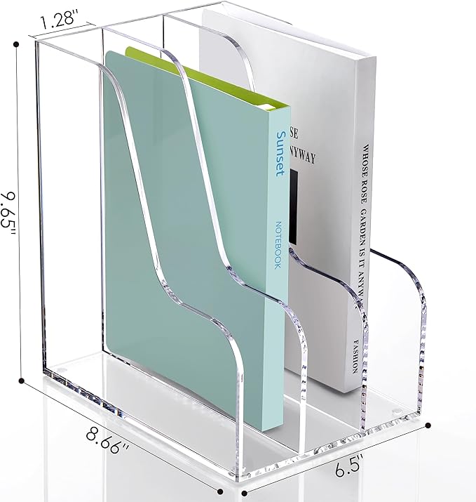 SANRUI Acrylic Magazine File Holder for Desk Organizers, Clear 3 Vertical Compartments A4 Folder Binder Holders Sorter, Desktop Workspace Organization Storage Racks for Office Home School