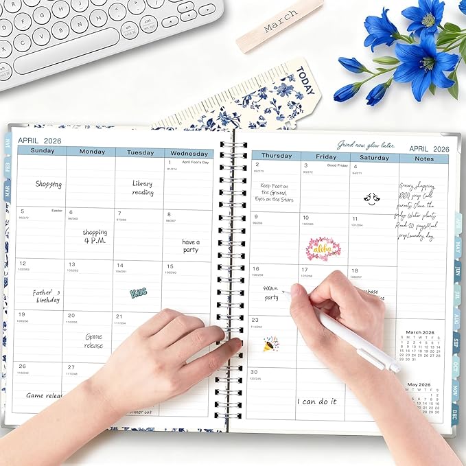 GuassLee Large 2026 Planner, Weekly and Monthly Planner from January 2026-December 2026, 8.5"x 11" Calendar Agenda Book with Back Pocket, Stickers for Home Office School Supply, Blue Floral, A4 Size