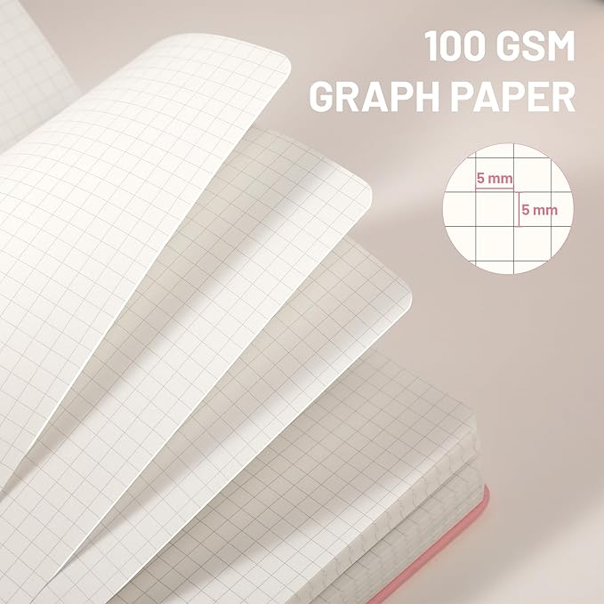 CAGIE Graph Notebook 320 Pages 100 GSM Paper Graphing Grid Journal B5 Hardcover Leather Quad Ruled Notebooks for Engineering, Math, Work, Pink