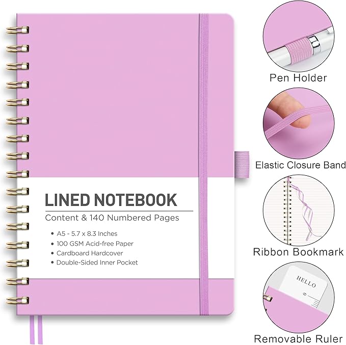 RETTACY Lined Journal Notebook, 140 Numbered Pages, A5 Medium Size (5.7'' x 8.3''), for Men & Women, Journaling, Writing, Work & Office, Spiral-bound, Hardcover, 100 GSM Thick Paper (Lilac)