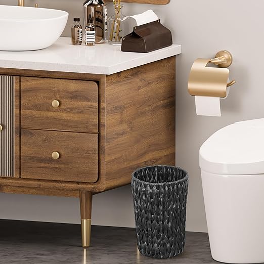 Endymion Black Wicker Trash Can,Small Hand Woven Bathroom Trash Can,Waterproof Woven Trash Basket for Bedroom, Offices or Kitchen,2 Gallon Round