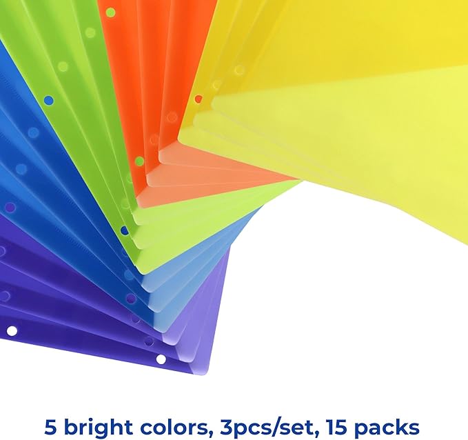 Darice 5-Tab Plastic Dividers 15 Pcs - Binder Dividers with Pockets and Tabs - Multicolored Plastic Divider for 3 Ring Binder - File Organization – Ideal for Office, Back to School Supplies
