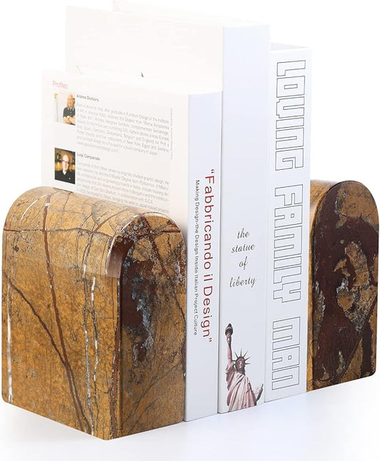 Koville Indian Natural Marble Bookends for Shelves, Book Ends for Heavy Books, 13LBS Ultra Heavy Duty Book Holders, Triumphal Arch Bookends Bookshelf Decor for Movies/CDs/Video Games(Rainforest Gold)