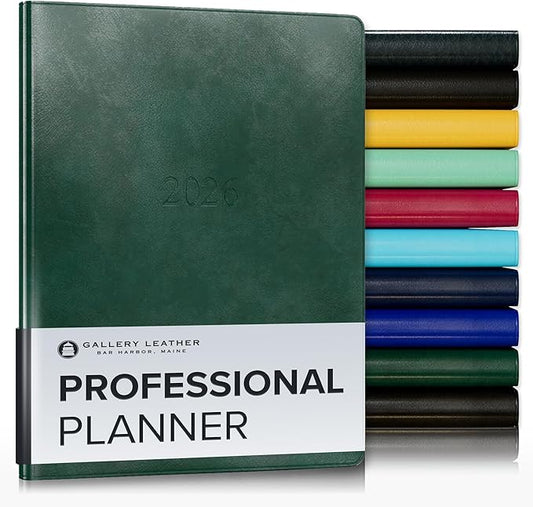 Gallery Leather Professional Weekly Monthly Planner 2026, Elegantly Bound Calendar Planner and Notebook with Stylish Gold-Gilded Page Edges, 12 Months - Acadia Green - 9 x 7 "