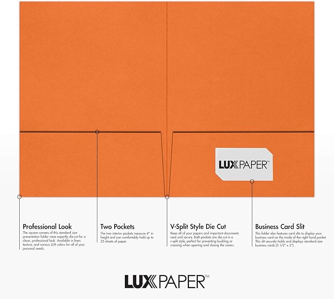 LUXPaper 9" x 12" Presentation Folders | Two Pocket | Mandarin Orange | 100lb. Cover | 25 Qty