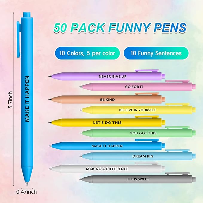 Epakh 50 Pcs Funny Pens Inspirational School Pens Bulk Positive Motivational Quotes on Ballpoint, Black Ink Pen for Adults Back to Schools Gift from Teacher(Inspirational,Macaron Color)