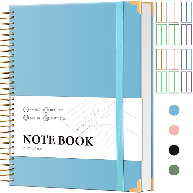 FLYING EAGLE Blue Spiral Notebook College Ruled 8.5 X 11 with Tab Stickers Large Hardcover Notebooks for School Supplies A4 Note Book Journal Notebooks for Work Note Taking Office, 200 Pages