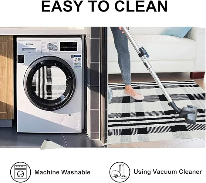 CAINANEL Buffalo Plaid Outdoor Rug Black and White Check Rug 35.4'' x 59'' Cotton Hand-Woven Checkered Front Welcome Door Mat Indoor/Outdoor Area Rug for Front Porch,Kitchen,Entry Way,Living Room