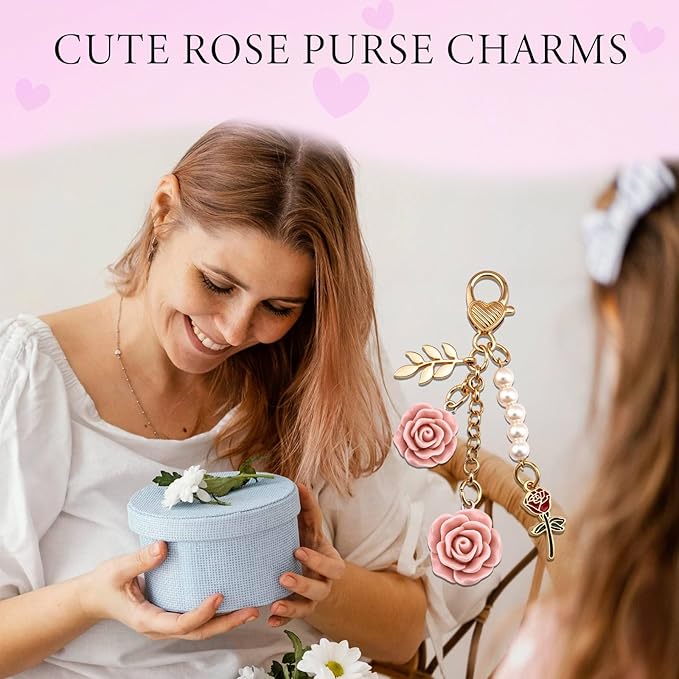 Rose Purse Charms Cute Flower Keychain With Heart Sticker Charm Chain For Kindle Colorful Bag Charms For Handbags