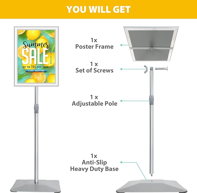 11"x17" Pedestal Poster Sign Holder Stand with Heavy Duty Solid Steel Base, Adjustable Sign Holder Standing Floor Sign Stand for Office/Store/School/Church/Public Sign Displayed Stands, Silver