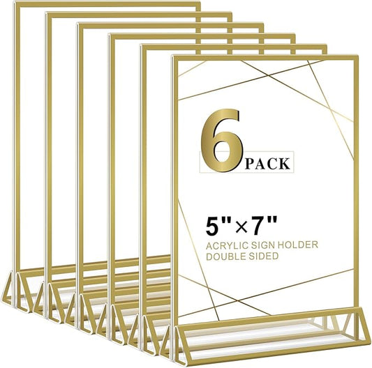 Acrylic Sign Holder 5x7 - Gold Acrylic Double-Sided Picture Frame Display Stand, Clear Table Tent Menu Holder & Plastic Paper Holder - Vendor Booth Display Items for Wedding Business Store Party