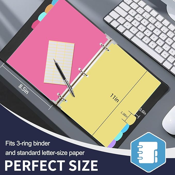 8-Tab Plastic Dividers for 3 Ring Binders, Write & Erase, Folder Dividers with Tabs for 8.5 x 11'' Letter Size Papers, Assorted Color, 2 Set