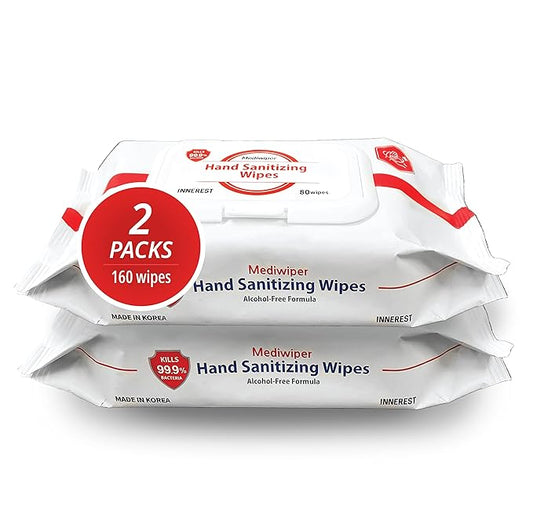 MEDIWIPER 80ct Alcohol-Free Hand Sanitizing Wipes Unscnted Antibacterial Wet Wipe, Hand Sanitizer (160 Wipes (80 * 2))