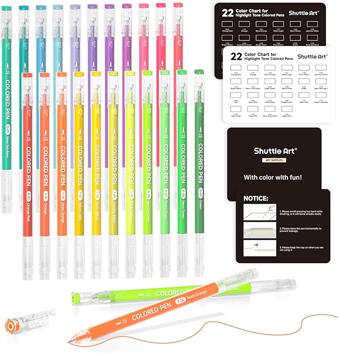 Shuttle Art Colored Pens, 22 Highlight Tone Colors Cute Journal Pens 0.6mm Fine Point Colored Gel for Black Paper Adult Coloring Writing Drawing Journaling Note Taking School Office Home