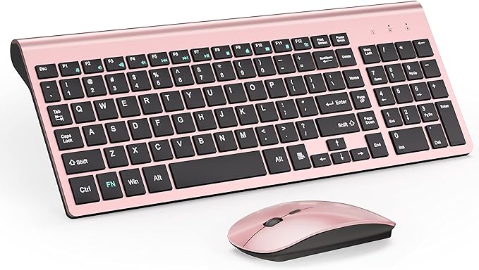 Wireless Keyboard and Mouse Ultra Slim Combo, TopMate 2.4G Silent Compact USB 2400DPI Mouse and Scissor Switch Keyboard Set with Cover, 2 AA & 2 AAA Batteries,for PC/Laptop/Windows/Mac-Rose Gold Black