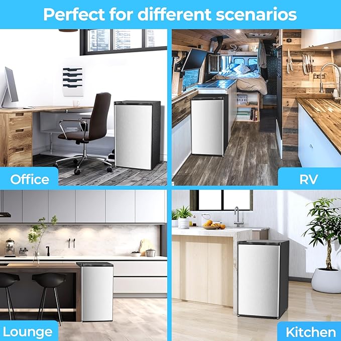 Antarctic Star 3.2 Cu.Ft. Mini Fridge with Freezer, Small Refrigerators with Adjustable Thermostat, Low Noise, Energy Saving, Compact Refrigerators for College Dorm, Office, Apartment, Stainless Steel