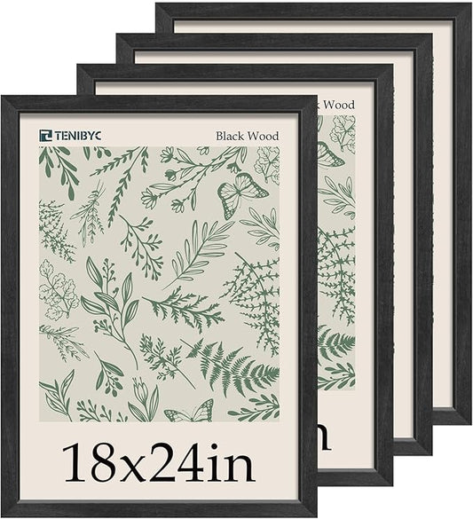 18x24 Poster Frame 4 Pack - Black Solid Wood Picture Photo Frame - Woodgrain Series - Room, Office, Gallery, Studio Display - Wall Hanging