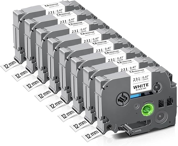 Unismar Tze 12mm 0.47 Laminated White Tape Compatible for Brother Tze Label Maker Tape Tze-231 Work for Ptouch PT-D220 PTD210 PTH110 PTH100 PTD600 PTD200, Black on White 1/2'' x 26.2', 8 Pack