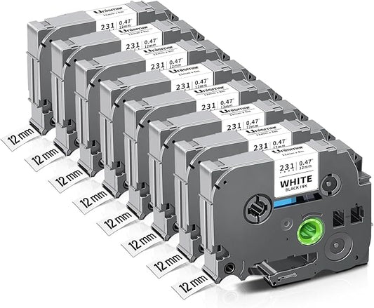 Unismar Tze 12mm 0.47 Laminated White Tape Compatible for Brother Tze Label Maker Tape Tze-231 Work for Ptouch PT-D220 PTD210 PTH110 PTH100 PTD600 PTD200, Black on White 1/2'' x 26.2', 8 Pack