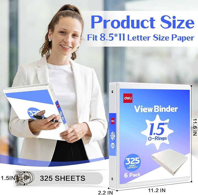Deli 1.5-inch 3 Ring Binder with 2 Interior Pockets, 325 Sheets Capacity, 1.5 inch Binders fits 11" x 8.5" US Letter Size, White, 6 Pack