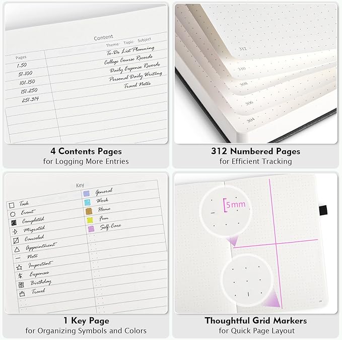 Bullet Dotted Journal Notebook, 312 Numbered Pages A5 Hardcover Leather Journal, 100gsm No Bleed Paper Dot Grid Notebook with Index Pages, Dot Journal for Women Men, 5.75" x 8.38", Green