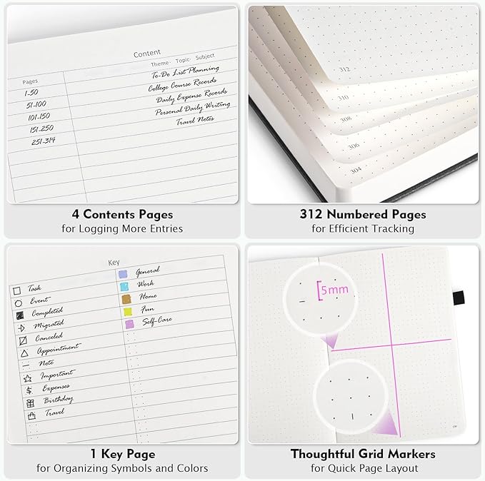 5 Pack Bullet Dotted Journal Notebook, 312 Numbered Pages Dot Grid Notebooks Bulk, 100gsm No Bleed Paper Hardcover Leather Journal, Dot Journal Notebook Set for Women Men School Office, A5, Multicolor