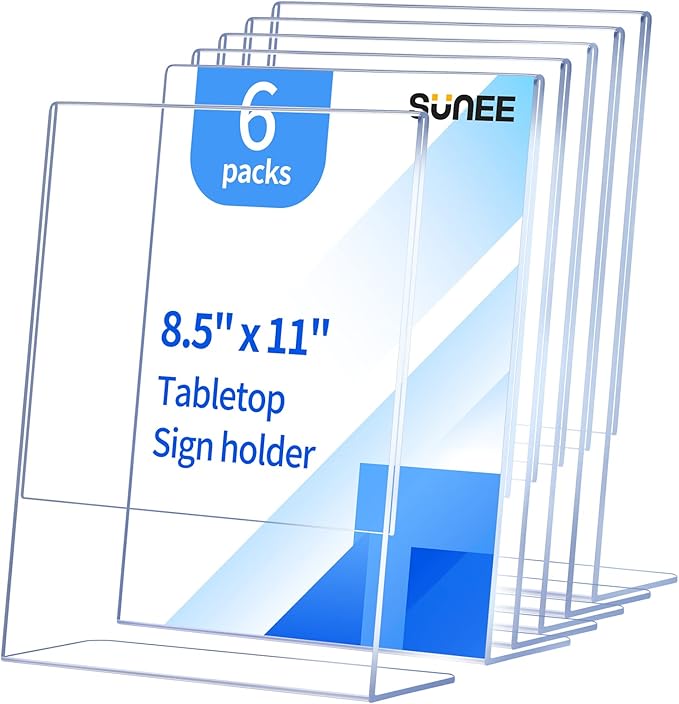 SUNEE 6 Packs Clear Plastic Sign Holders for 8.5x11 Paper, Vertical L-shape Frame for Displaying Signs and Menus