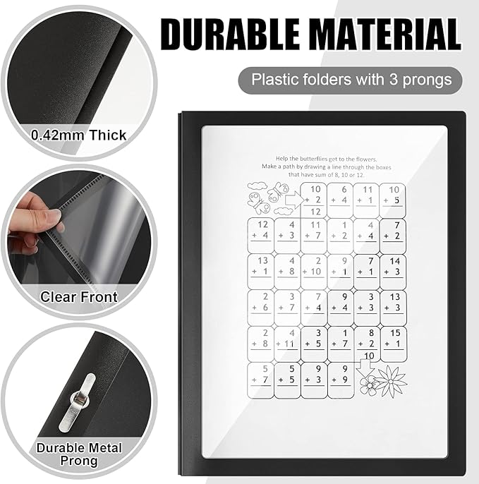 Teling 24 Pcs Report Covers with 3 Prong Fasteners Clear Front Presentation Folders Frame View Poly Report Folder Presentation Binder for Paper Document School Office (Black)